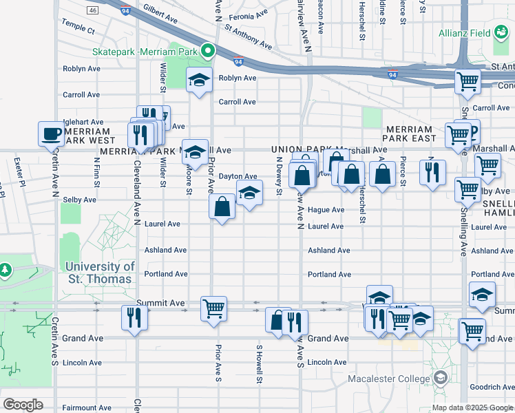 map of restaurants, bars, coffee shops, grocery stores, and more near 1882 Selby Avenue in Saint Paul