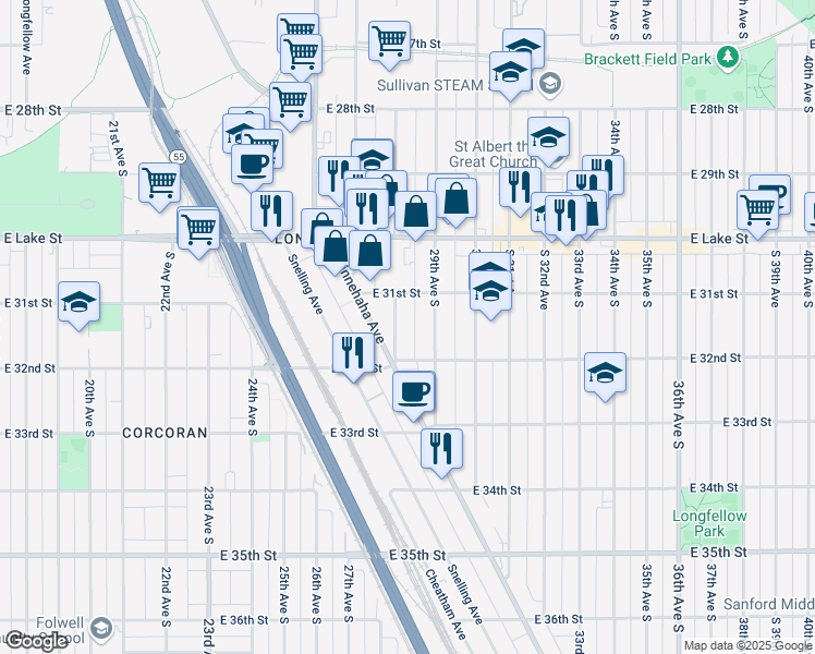map of restaurants, bars, coffee shops, grocery stores, and more near 3121 28th Avenue South in Minneapolis