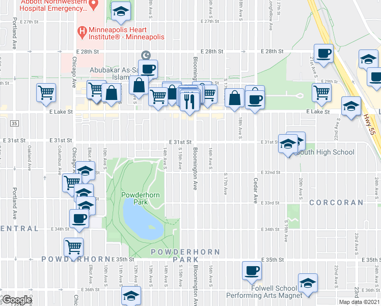 map of restaurants, bars, coffee shops, grocery stores, and more near 3117 South 15th Avenue in Minneapolis
