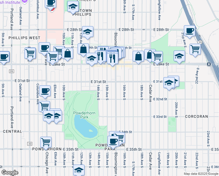 map of restaurants, bars, coffee shops, grocery stores, and more near 3117 South 15th Avenue in Minneapolis