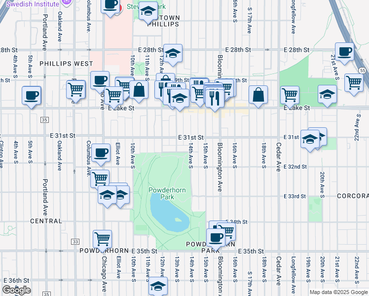 map of restaurants, bars, coffee shops, grocery stores, and more near 3117 14th Avenue South in Minneapolis