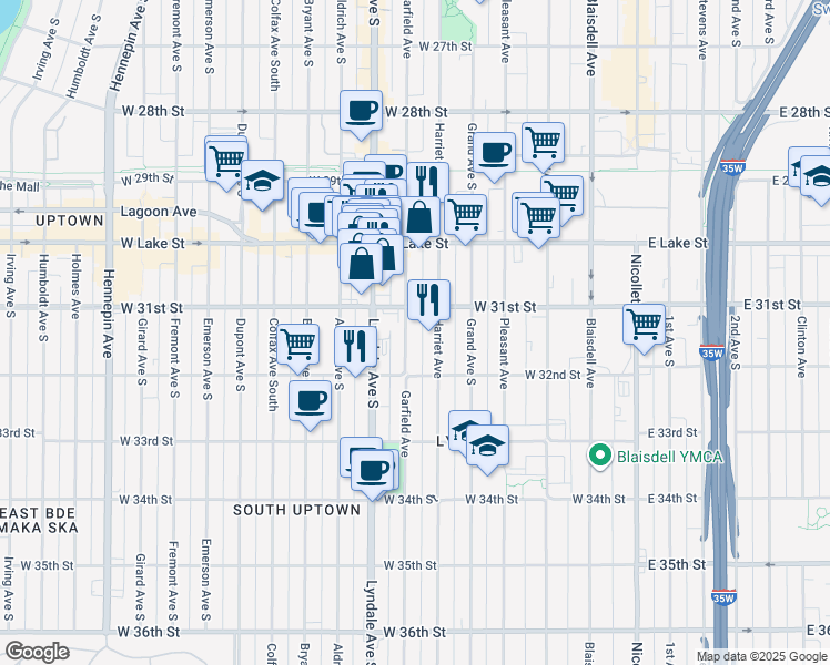 map of restaurants, bars, coffee shops, grocery stores, and more near 3113 Garfield Avenue in Minneapolis