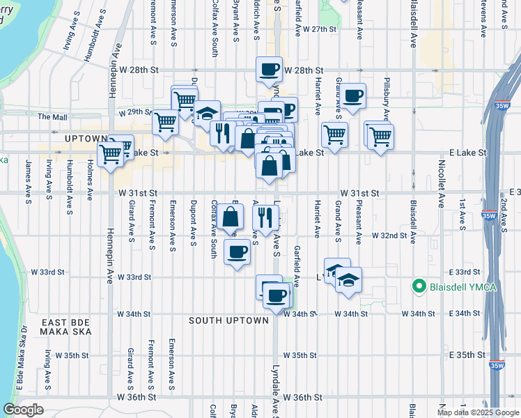 map of restaurants, bars, coffee shops, grocery stores, and more near 3117 Aldrich Avenue South in Minneapolis