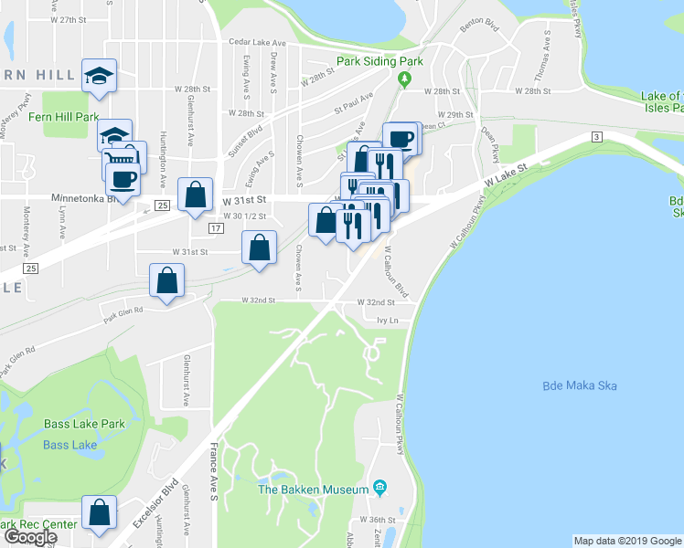 map of restaurants, bars, coffee shops, grocery stores, and more near 3130 Excelsior Boulevard in Minneapolis