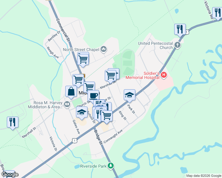 map of restaurants, bars, coffee shops, grocery stores, and more near 54 King Street in Middleton
