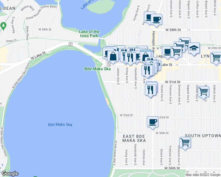 map of restaurants, bars, coffee shops, grocery stores, and more near 3117 East Calhoun Parkway in Minneapolis