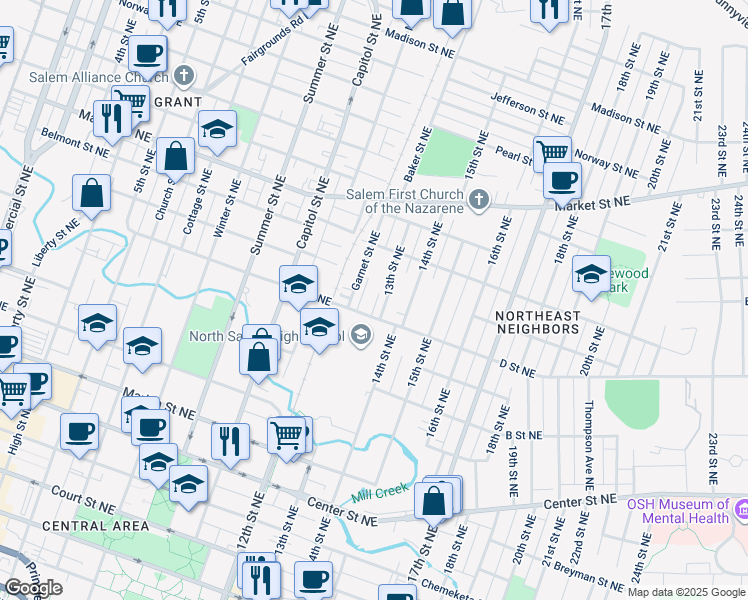 map of restaurants, bars, coffee shops, grocery stores, and more near 935 Imperial Drive Northeast in Salem