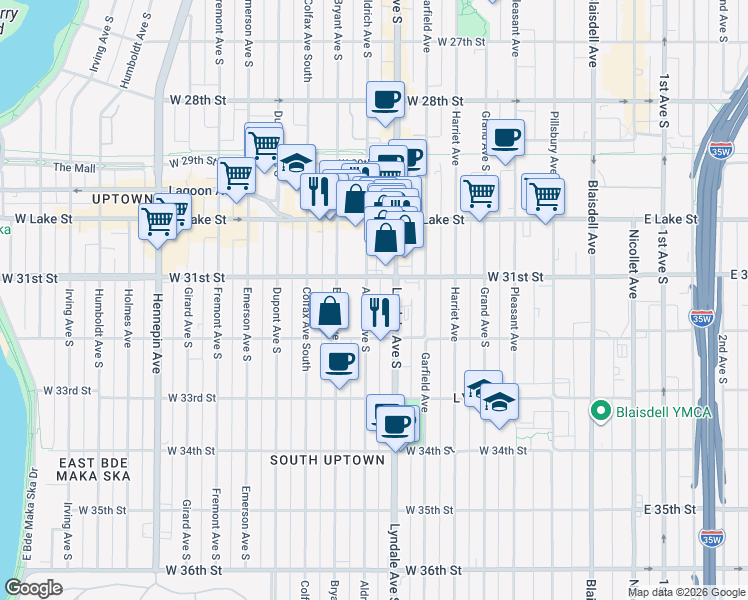 map of restaurants, bars, coffee shops, grocery stores, and more near 3117 Aldrich Avenue South in Minneapolis