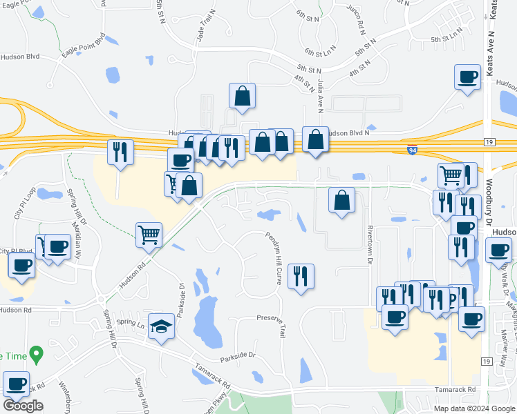 map of restaurants, bars, coffee shops, grocery stores, and more near 9319 Turnberry Alcove in Woodbury