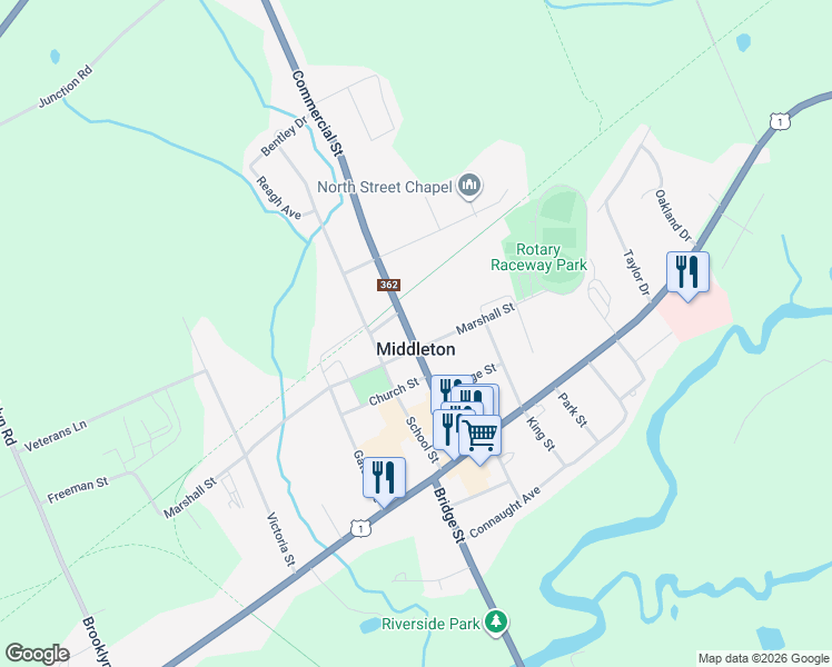 map of restaurants, bars, coffee shops, grocery stores, and more near 144 Commercial Street in Middleton