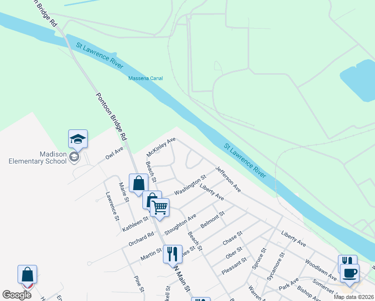 map of restaurants, bars, coffee shops, grocery stores, and more near 217 Jefferson Avenue in Massena