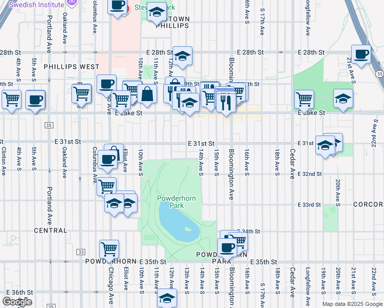 map of restaurants, bars, coffee shops, grocery stores, and more near 1308 Powderhorn Terrace in Minneapolis