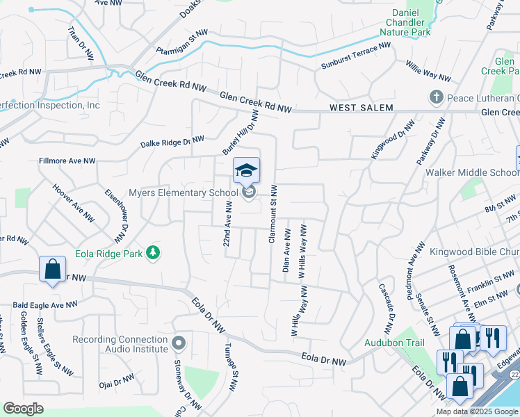 map of restaurants, bars, coffee shops, grocery stores, and more near 2160 Jewel Street Northwest in Salem