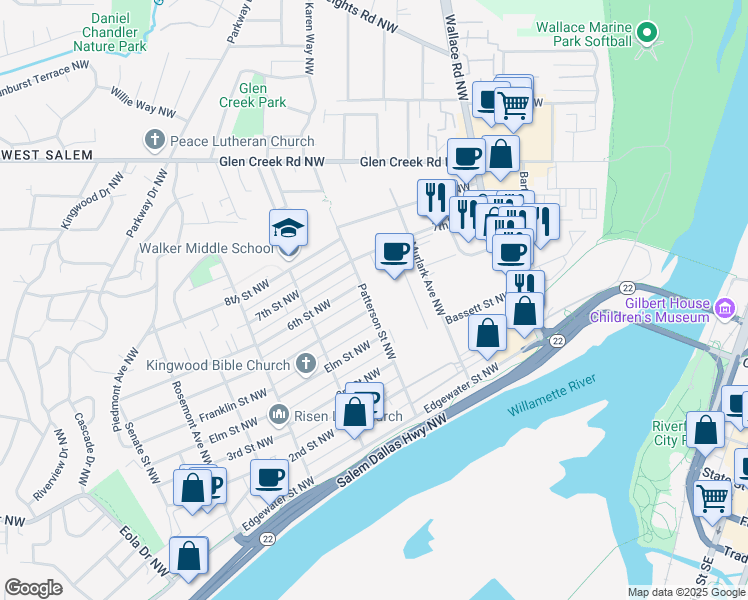 map of restaurants, bars, coffee shops, grocery stores, and more near 576 Patterson Street Northwest in Salem