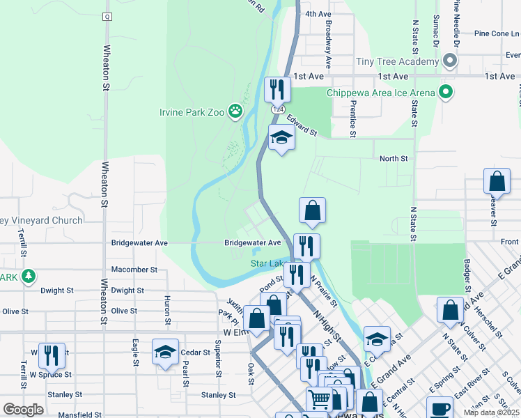map of restaurants, bars, coffee shops, grocery stores, and more near 116 Jefferson Ave in Chippewa Falls
