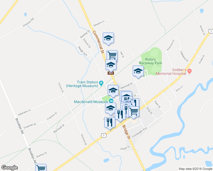 map of restaurants, bars, coffee shops, grocery stores, and more near 16 Station Street in Middleton