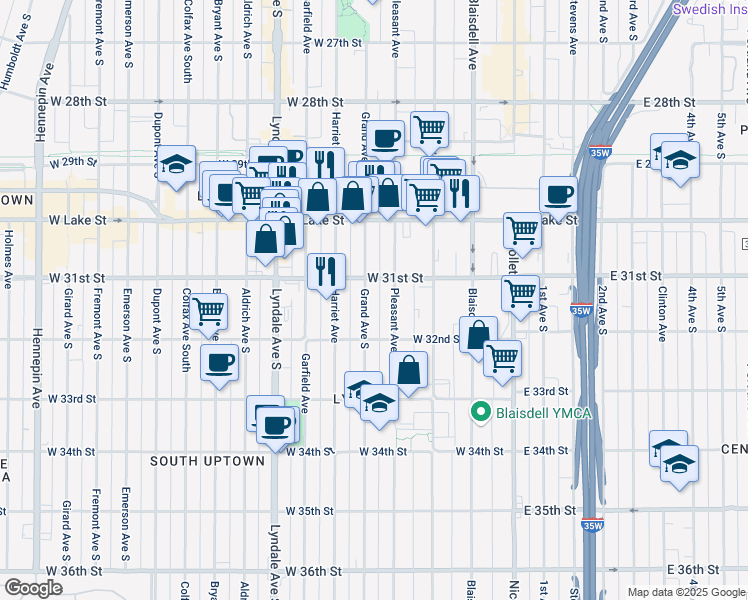 map of restaurants, bars, coffee shops, grocery stores, and more near 3112 Pleasant Avenue in Minneapolis