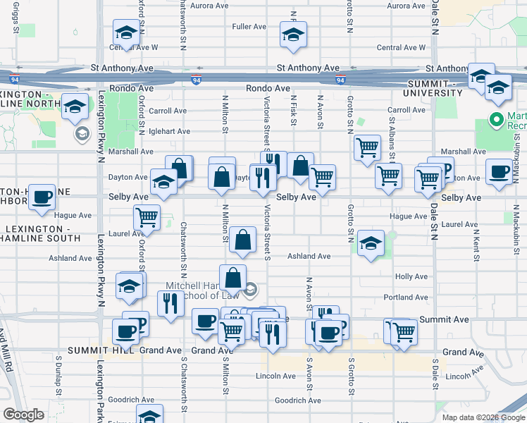 map of restaurants, bars, coffee shops, grocery stores, and more near 863 Hague Avenue in Saint Paul