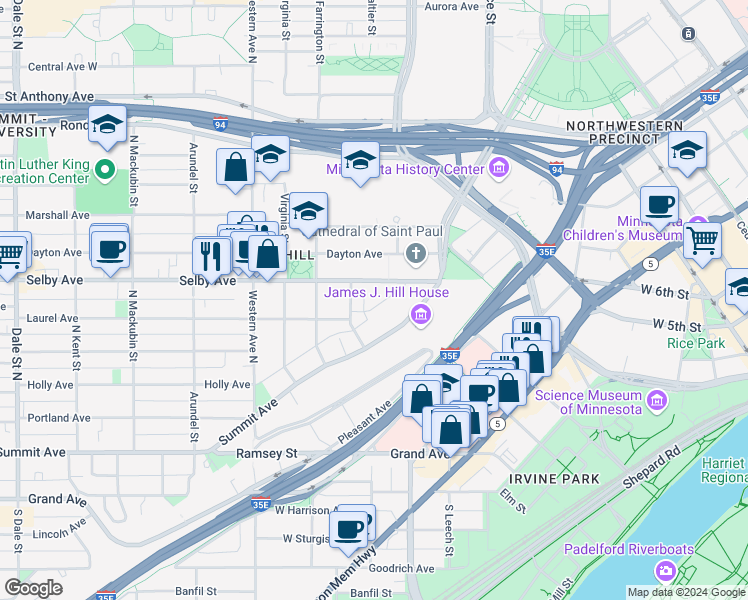 map of restaurants, bars, coffee shops, grocery stores, and more near 263 Maiden Lane in Saint Paul