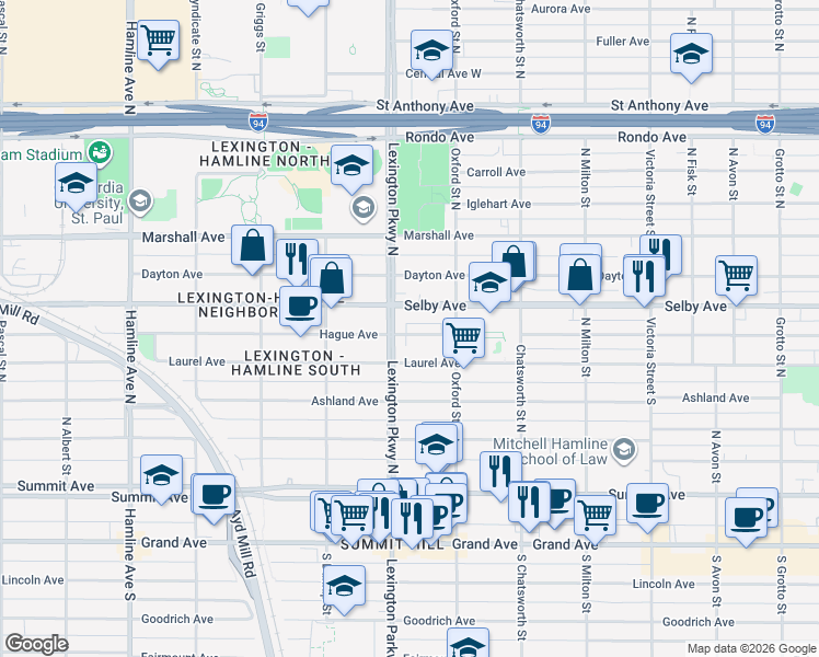 map of restaurants, bars, coffee shops, grocery stores, and more near 1083 Hague Avenue in Saint Paul