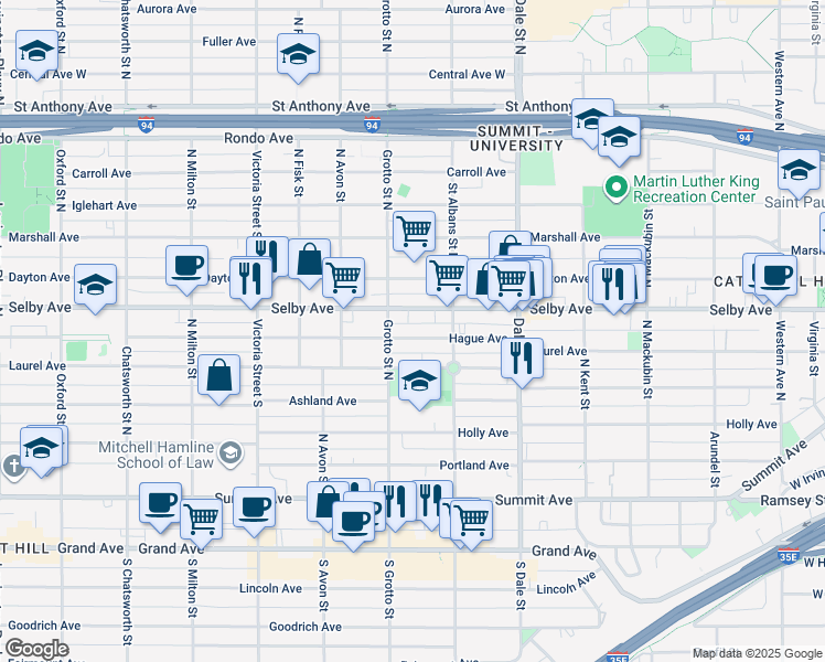 map of restaurants, bars, coffee shops, grocery stores, and more near 719 Hague Avenue in Saint Paul