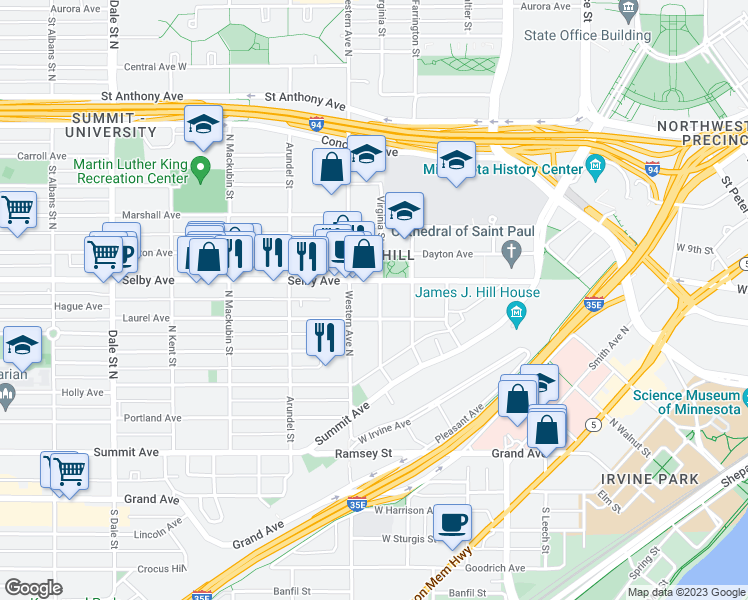 map of restaurants, bars, coffee shops, grocery stores, and more near 155 Virginia Street in Saint Paul