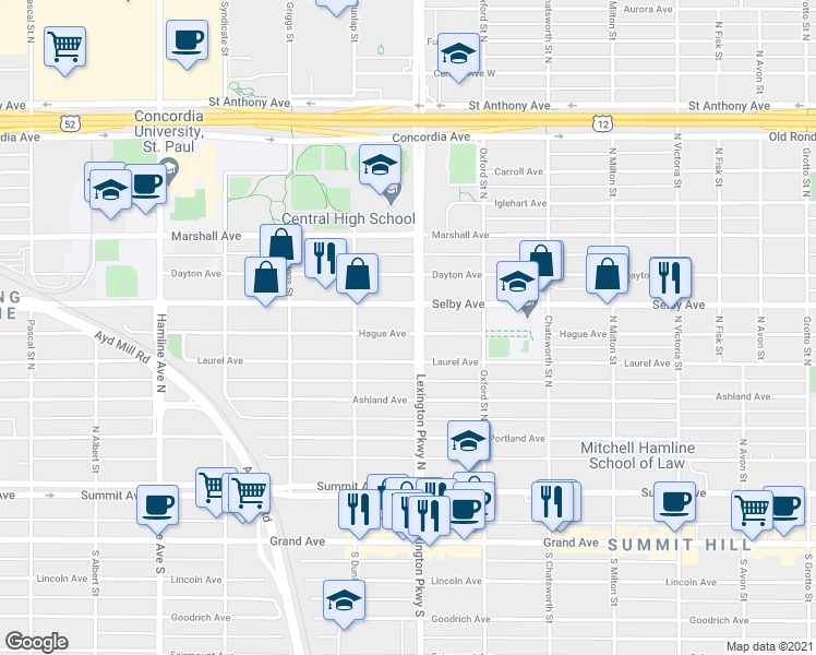 map of restaurants, bars, coffee shops, grocery stores, and more near 149 Lexington Parkway North in Saint Paul