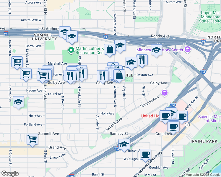 map of restaurants, bars, coffee shops, grocery stores, and more near 151 Western Avenue North in Saint Paul