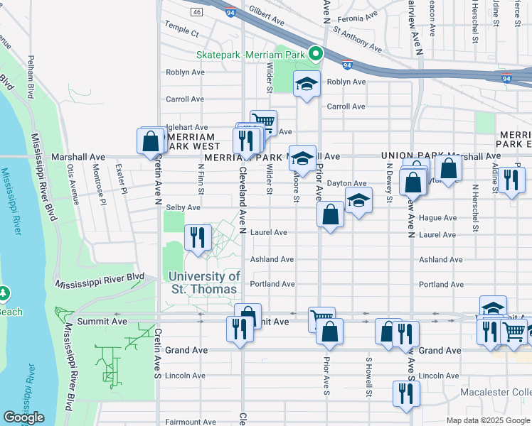 map of restaurants, bars, coffee shops, grocery stores, and more near 2024 Selby Avenue in Saint Paul