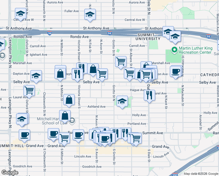 map of restaurants, bars, coffee shops, grocery stores, and more near 753 Hague Avenue in Saint Paul