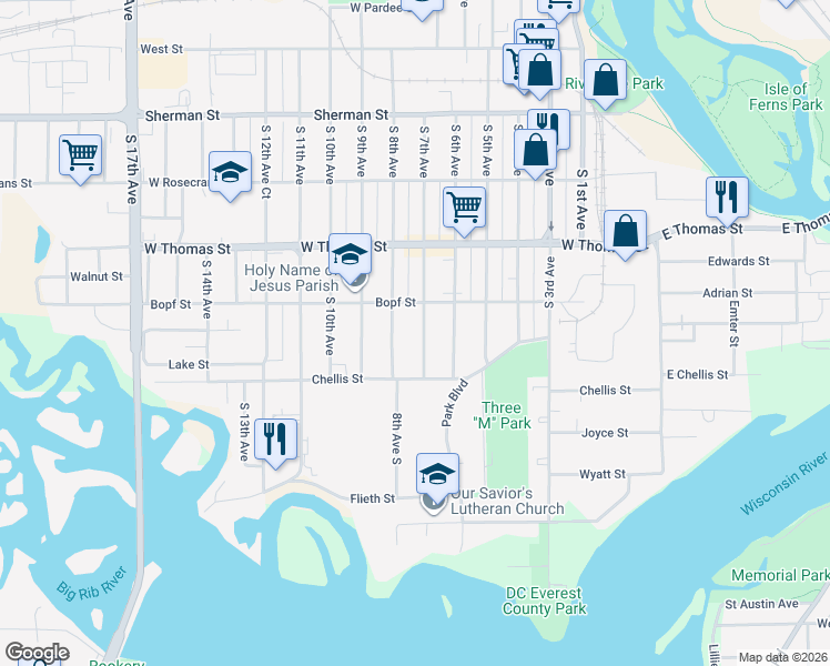 map of restaurants, bars, coffee shops, grocery stores, and more near 1216 S 7th Ave in Wausau