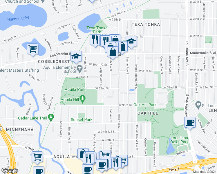 map of restaurants, bars, coffee shops, grocery stores, and more near 3150 Utah Avenue South in Minneapolis