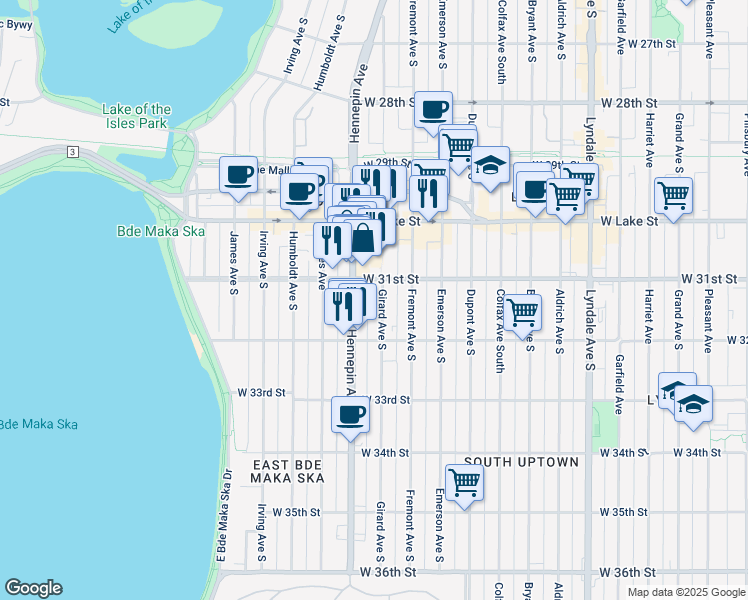 map of restaurants, bars, coffee shops, grocery stores, and more near 3116 Girard Avenue South in Minneapolis