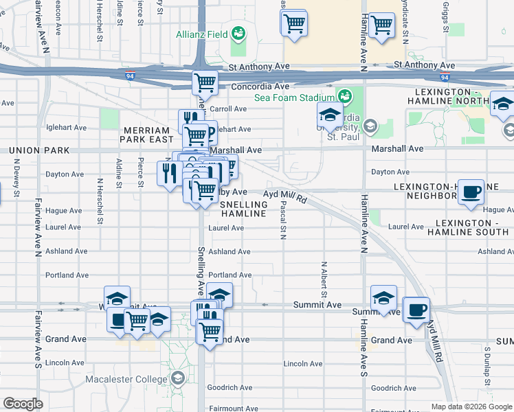 map of restaurants, bars, coffee shops, grocery stores, and more near 1499 Hague Avenue in Saint Paul