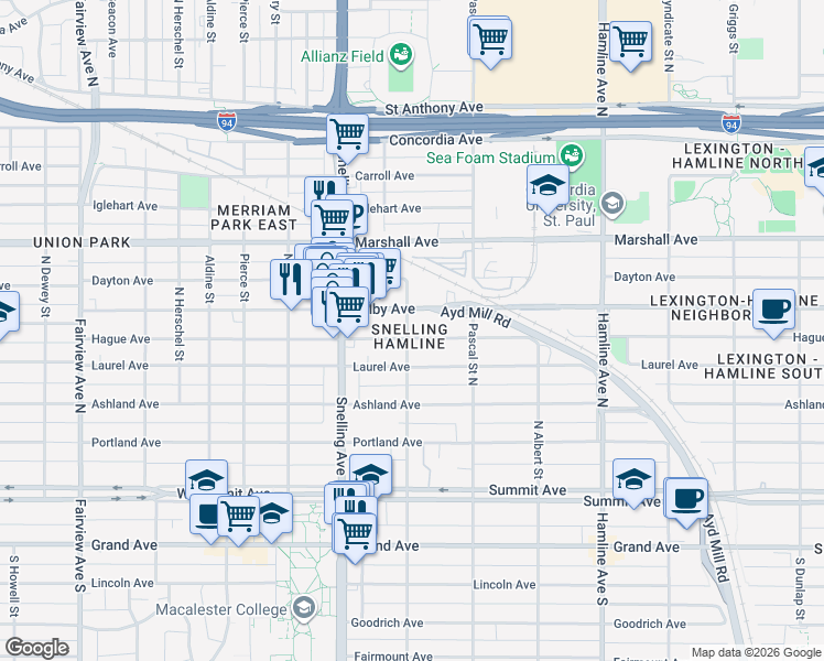 map of restaurants, bars, coffee shops, grocery stores, and more near in Saint Paul