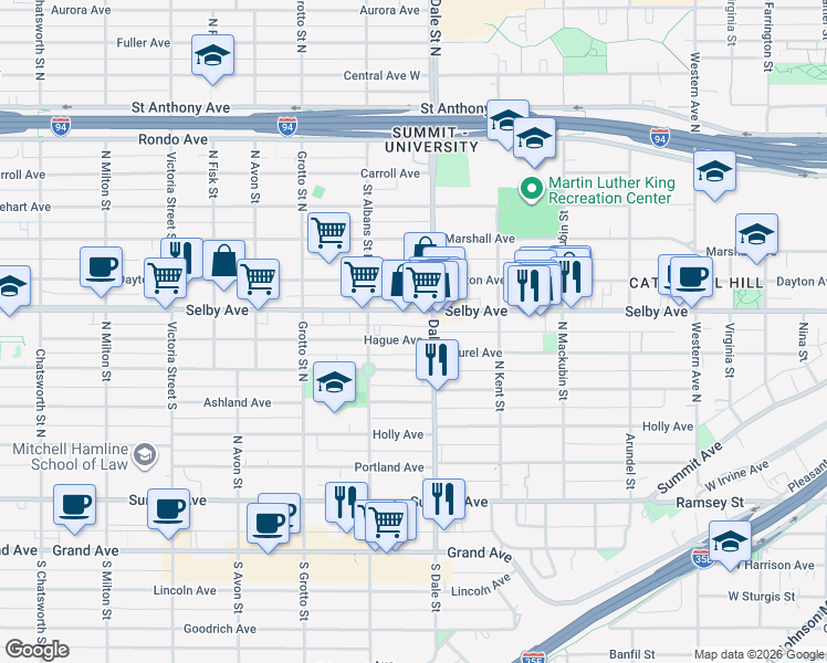 map of restaurants, bars, coffee shops, grocery stores, and more near 655 Hague Avenue in Saint Paul