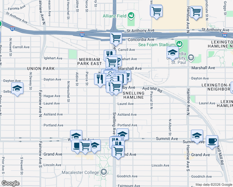 map of restaurants, bars, coffee shops, grocery stores, and more near 150 Snelling Avenue North in Saint Paul