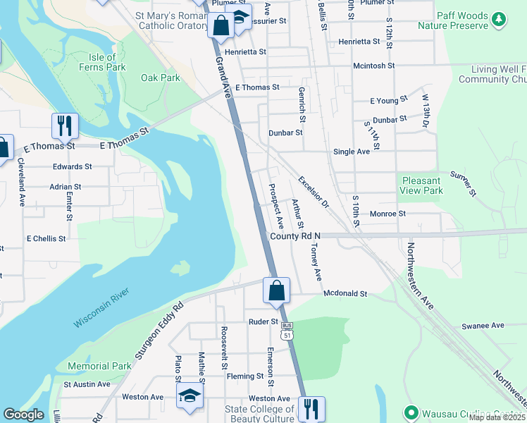 map of restaurants, bars, coffee shops, grocery stores, and more near 1205 Grand Avenue in Wausau