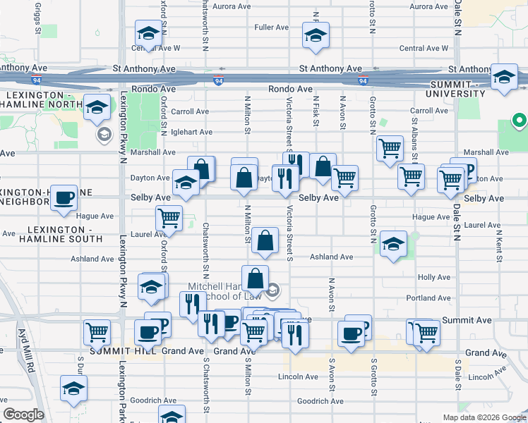 map of restaurants, bars, coffee shops, grocery stores, and more near 897 Hague Avenue in Saint Paul