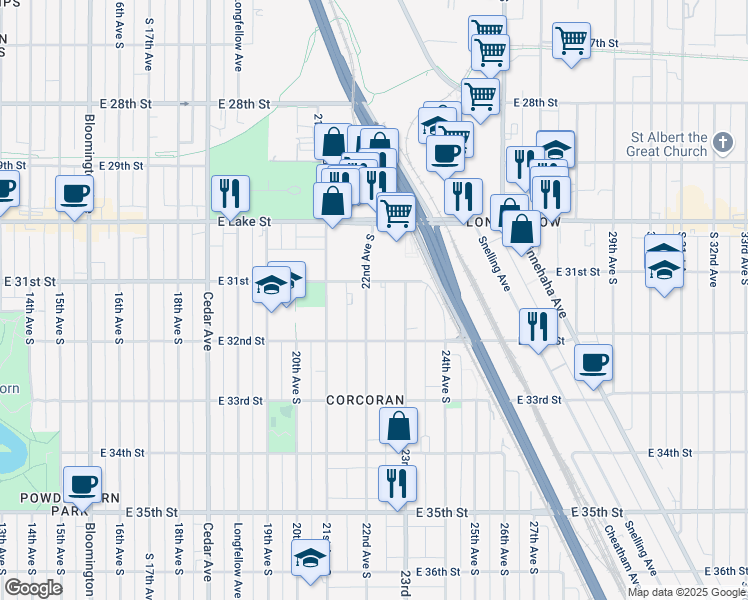 map of restaurants, bars, coffee shops, grocery stores, and more near 3119 22nd Avenue South in Minneapolis