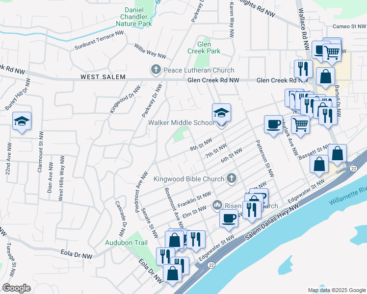 map of restaurants, bars, coffee shops, grocery stores, and more near 1251 8th Street Northwest in Salem