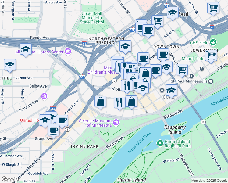 map of restaurants, bars, coffee shops, grocery stores, and more near 185 Old 6th St W in St Paul