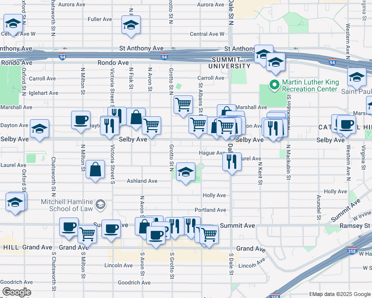map of restaurants, bars, coffee shops, grocery stores, and more near 719 Hague Avenue in Saint Paul