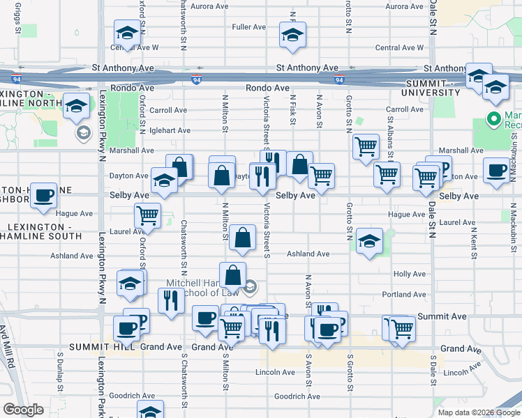 map of restaurants, bars, coffee shops, grocery stores, and more near 863 Hague Avenue in Saint Paul