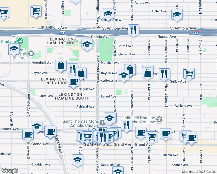 map of restaurants, bars, coffee shops, grocery stores, and more near 1073 Hague Avenue in Saint Paul