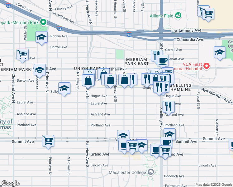 map of restaurants, bars, coffee shops, grocery stores, and more near 1707 Hague Avenue in Saint Paul