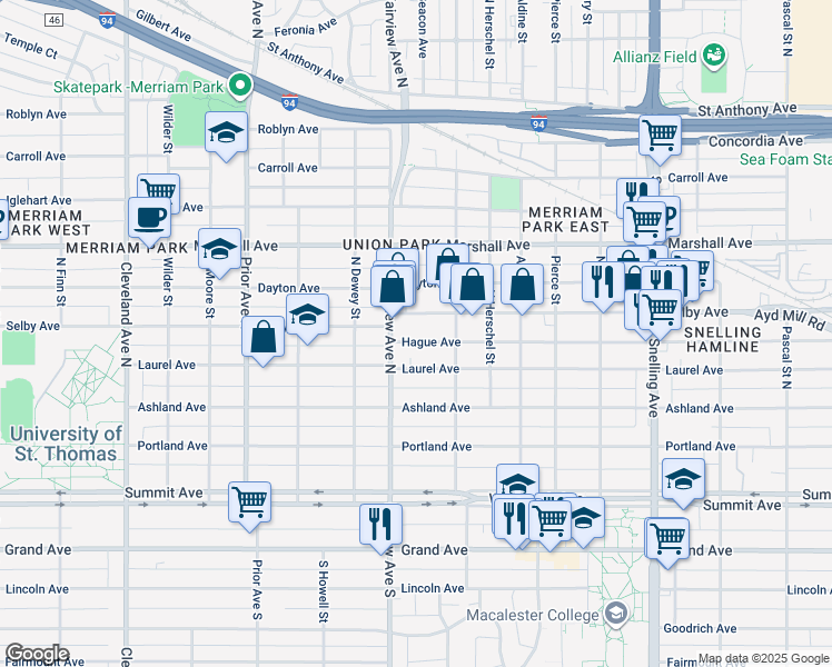 map of restaurants, bars, coffee shops, grocery stores, and more near 1777 Hague Avenue in Saint Paul