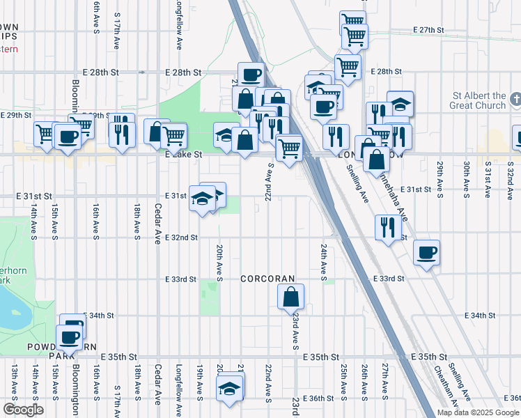 map of restaurants, bars, coffee shops, grocery stores, and more near 3116 22nd Avenue South in Minneapolis