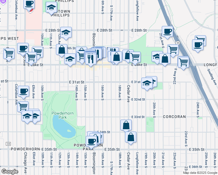 map of restaurants, bars, coffee shops, grocery stores, and more near 3116 South 17th Avenue in Minneapolis