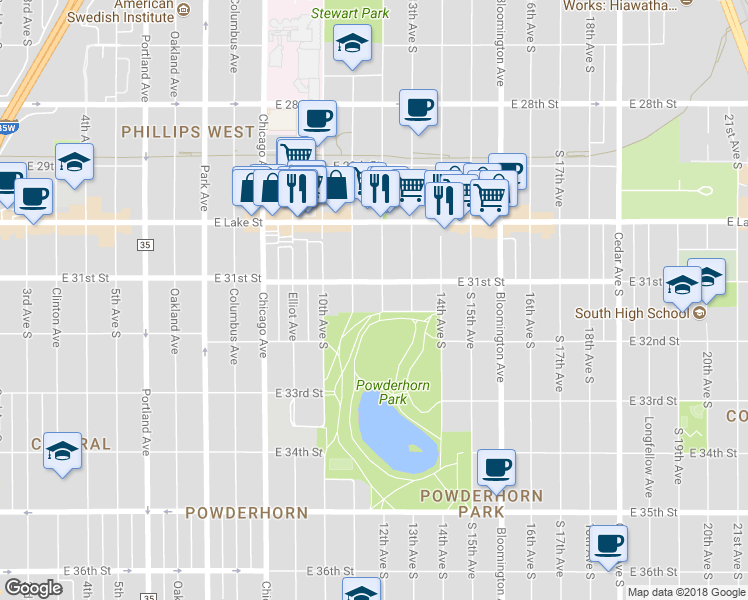 map of restaurants, bars, coffee shops, grocery stores, and more near 3116 12th Avenue South in Minneapolis